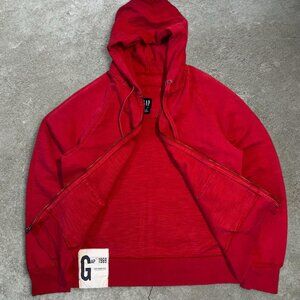 Vintage Y2K GAP red zip-up hoodie with classic 1969 logo patch on front hem.